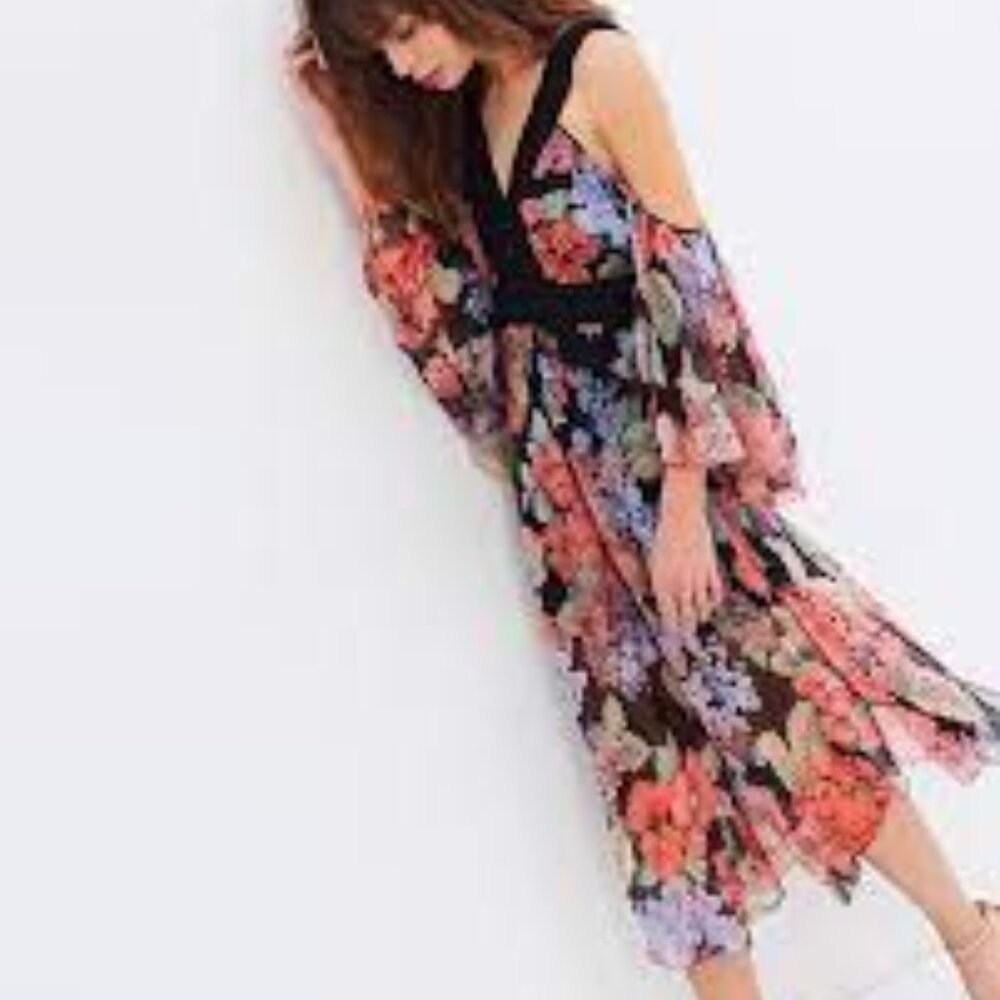 Alice McCall Black Floral Midi Dress with Coral & Lilac Print